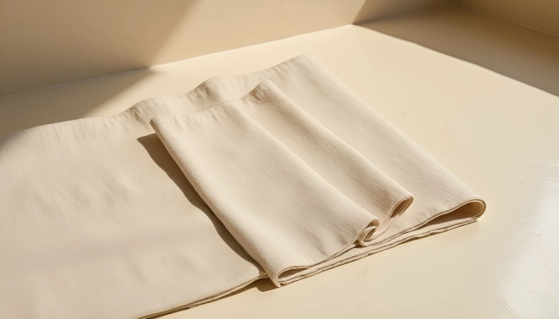 밝은 크림색 리넨 천을 여러 겹으로 접어 밝은 상판 위에 펼쳐 놓고 비스듬히 내려다본 사진, 접힌 면들이 끝선이 어긋난 채 겹쳐 있고 왼쪽 위에서 들어온 따뜻한 빛이 직물 결과 그림자를 드러내는 모습