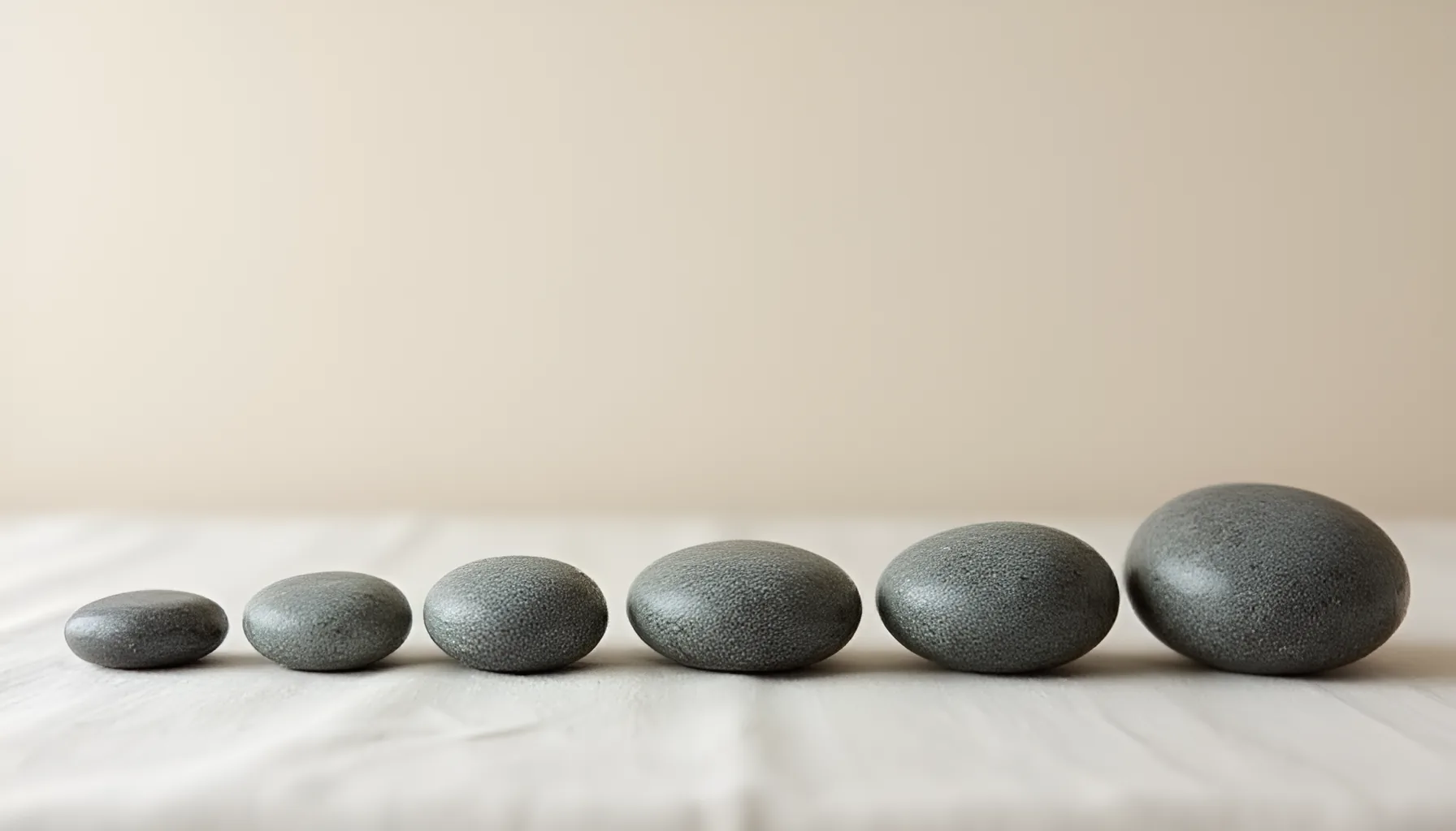 밝은 나무 상판 위에 매끄러운 회색 조약돌을 한 줄로 늘어놓고 눈높이에서 옆으로 찍은 사진, 왼쪽 끝의 돌이 가장 작고 오른쪽으로 갈수록 점점 커지며 뒤쪽 미색 벽은 초점에서 벗어나 부드럽게 흐려진 모습